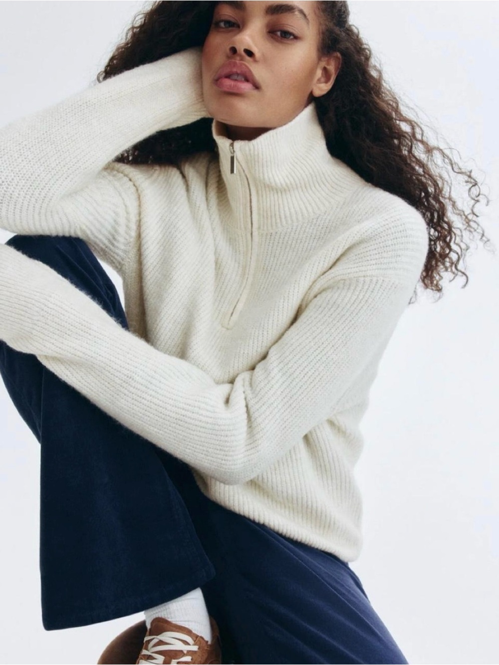 H&M Cream Half-Zip Ribbed Turtleneck Sweater